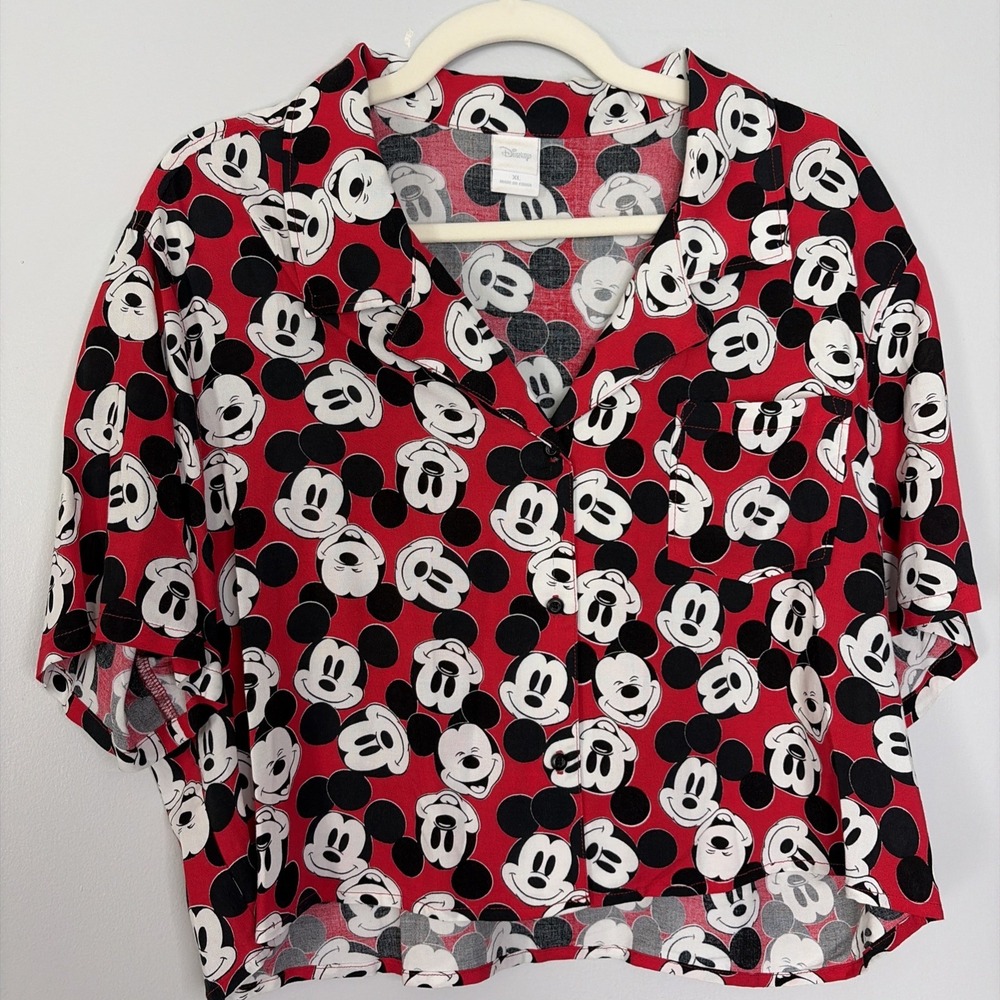 Disney Mickey Mouse Graphic Print Blouse Popover Top Red Black Casual Shirt XL